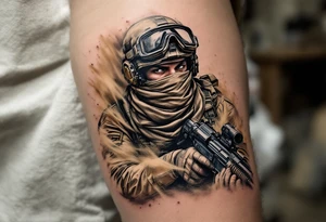Desert Soldier in Sandstorm – A soldier in tan desert camo, with a sandstorm swirling around, his face partially covered with a scarf and goggles, gripping a rifle. tattoo idea