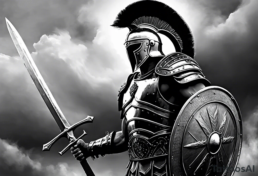 high quality black and white illustration, full body image, a strong tall roman centurion, wearing armour, wearing a belt, wearing a metal breastplate, holding a large shield, wearing a helmet, holding a sword. Flaming arrows are being fired at the centurion, he is blocking the arrows with his shield tattoo idea