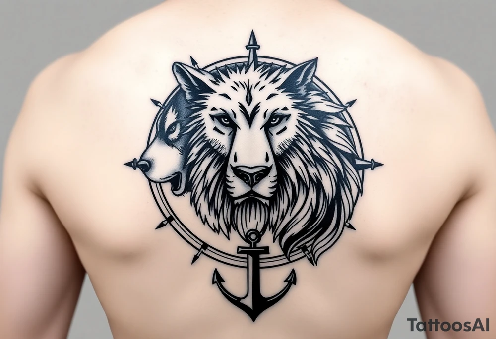 1/3wolf 1/3bear 1/3 lion surrounded by a compass with a small anchor on bottom. for sleeve tattoo idea