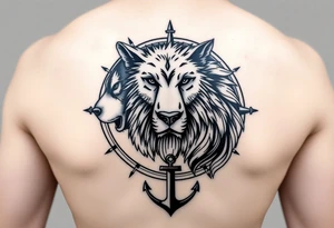 1/3wolf 1/3bear 1/3 lion surrounded by a compass with a small anchor on bottom. for sleeve tattoo idea