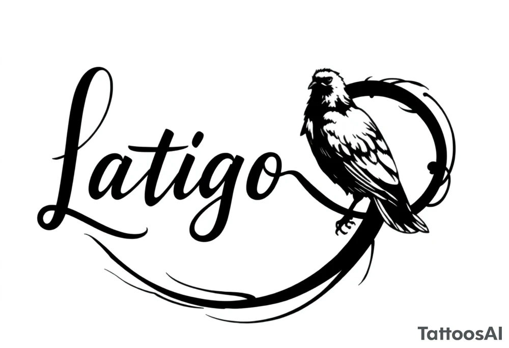 1. **Typography with Infinity**: "Latigo" could be in the modern font you like, and the infinity symbol can seamlessly flow from the end of the "o," creating a continuous line that connects the text. 

2. **Crow Perched on the Infinity Symbol**: You could have the crow perched on one side of the infinity symbol, perhaps with its wings slightly spread, which would give the design a dynamic feel.

3. **Flowing Elements**: To enhance the design, you could add some flowing lines or subtle curves around the infinity symbol to give it a sense of movement, almost like it's part of a larger story.

4. **Minimalist Crow Detail**: The crow can be stylized in a way that keeps it elegant but recognizable, focusing on the outline with just enough detail to convey its features without overwhelming the design. tattoo idea