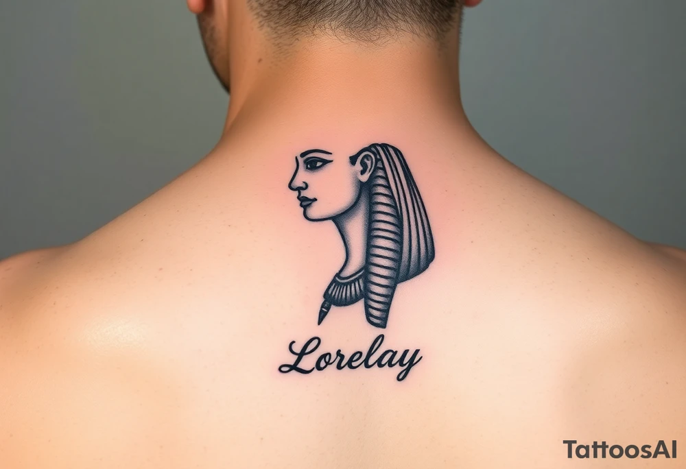 Créame un diseño en miniatura para el bíceps de un personaje principal chica 
de la cultura de egipcia con el nombre de lorelay escrito por debajo del diseño tattoo idea