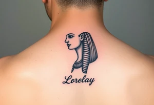 Créame un diseño en miniatura para el bíceps de un personaje principal chica 
de la cultura de egipcia con el nombre de lorelay escrito por debajo del diseño tattoo idea