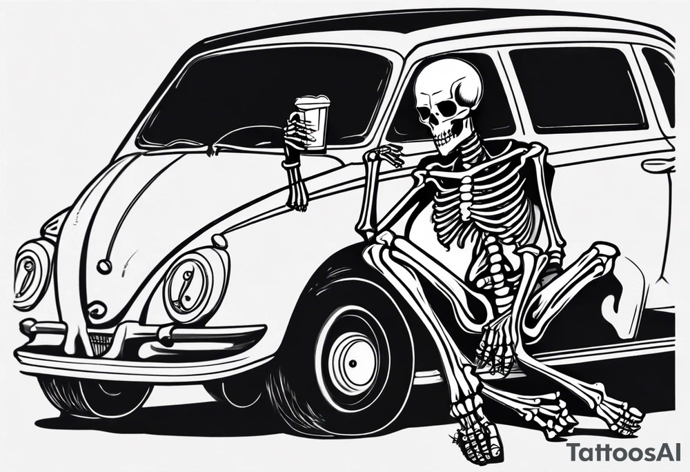 A skeleton sitting in a car drinking a beer and smoking tattoo idea