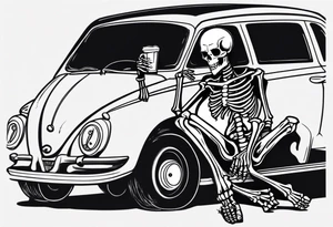 A skeleton sitting in a car drinking a beer and smoking tattoo idea