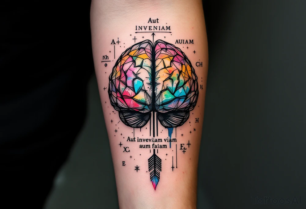 A front-seen brain in geometric and straight lines, with few watercolor details but mostly black, physics and chemical symbols arround, the phrase "Aut inveniam viam aut faciam" and a detailed arrow crossing from above with watercolors leaking from its tip tattoo idea