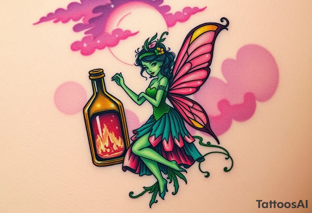 Tim Burton’s kelly doty pin up style Vintage Parisian elegant and hauntingly beautiful yet eerie full body absinthe Green Fairy dances outside her victorian crystal decatur she was once inside this elaborate ornate bottle absinthe bottle Absinthe Art Nouveau   and dripping with muted reds, dusty pinks, and eerie green glow.purple and cyan smokey clouds swirl in the crescent moonlit sky thats sprinkled with stars tattoo idea