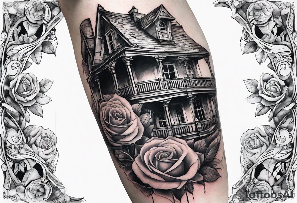 fool sleeve,, abandoned old gotic house, broken sword, roses, tattoo idea