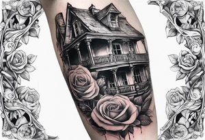 fool sleeve,, abandoned old gotic house, broken sword, roses, tattoo idea