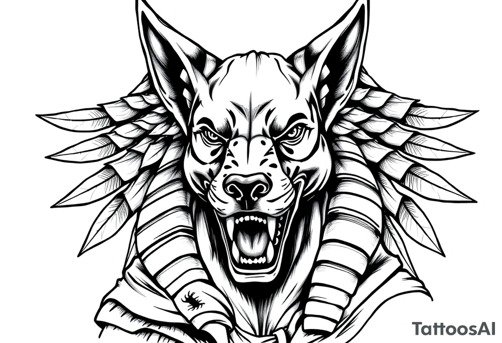 Egyptian Anubis god powerful face muscle in Egypt style with mantle on head dog face long ears tattoo idea