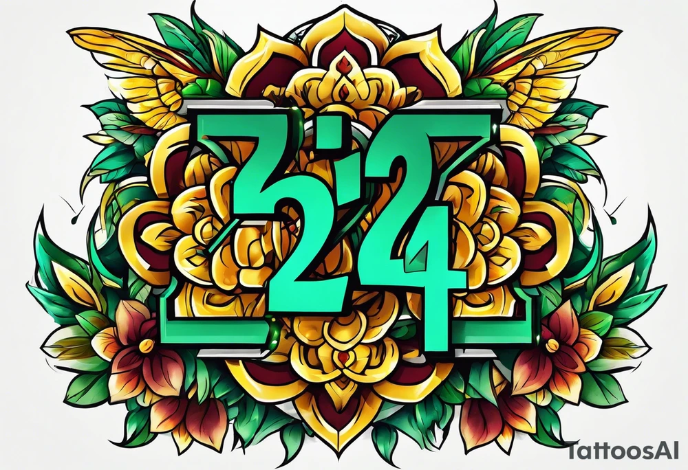 The number 24 with colors green, yellow, maroon and black tattoo idea