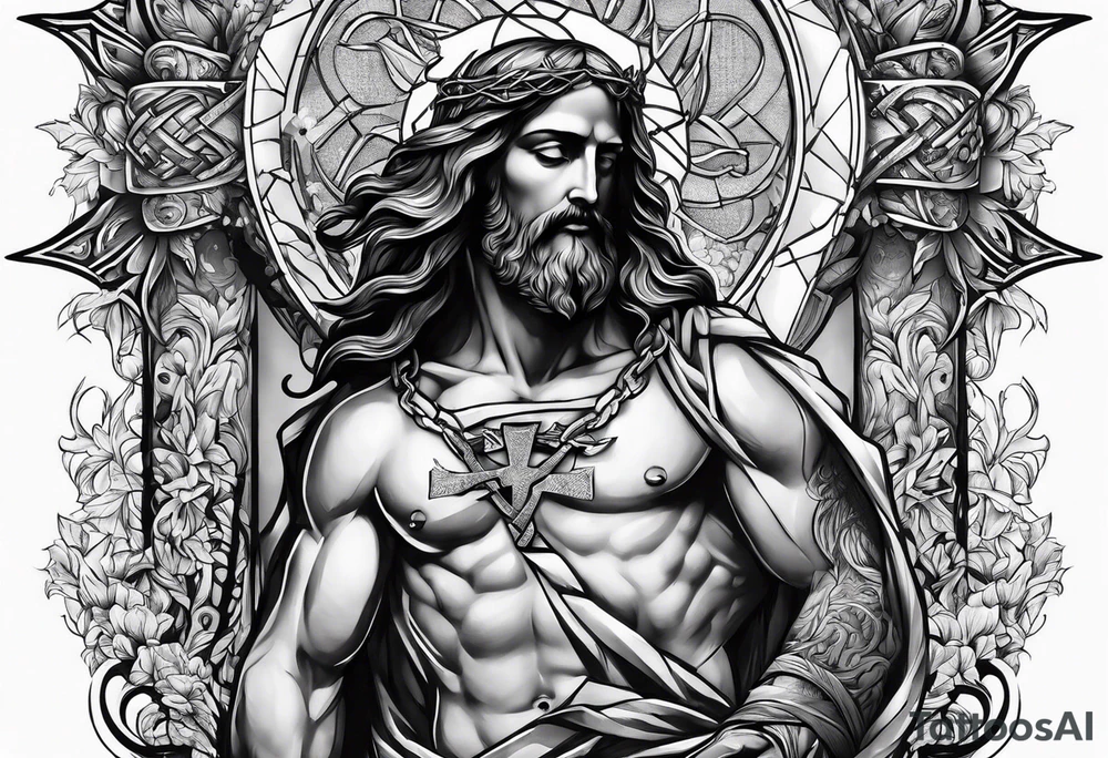 Jesus and man walking with cross tattoo idea