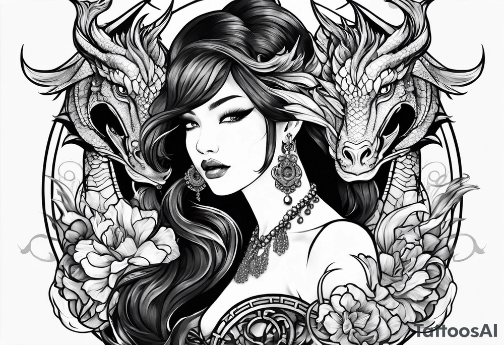 two dragons lady design tattoo idea