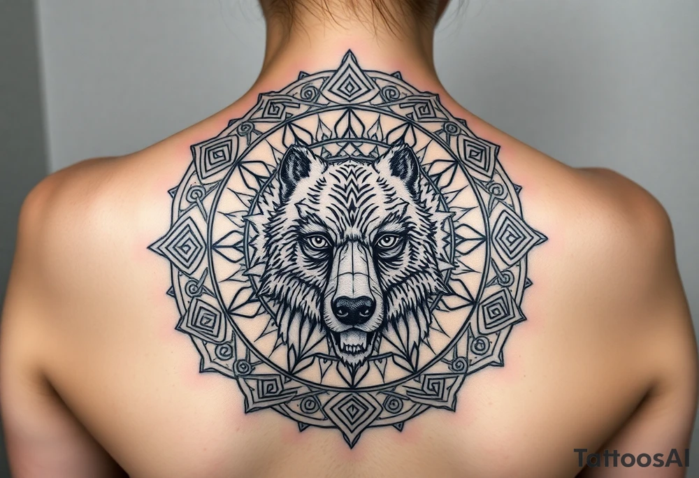 intricate mandala with sacred geometry and cosmic elements and a guy in an electric chair and his eyes are blown out but a face like a short nosed bear bear tattoo idea