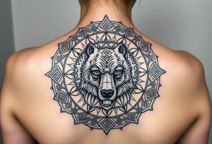 intricate mandala with sacred geometry and cosmic elements and a guy in an electric chair and his eyes are blown out but a face like a short nosed bear bear tattoo idea