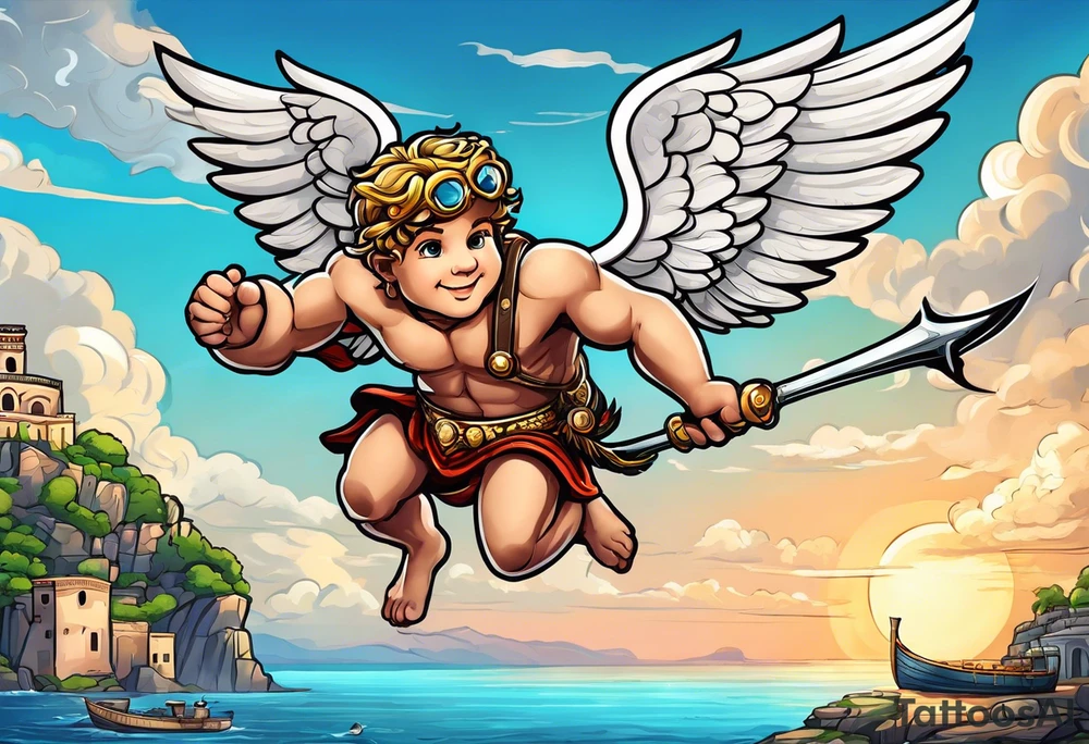 Cupido  fly boy with wings, background sea, ancient rome gods tattoo idea