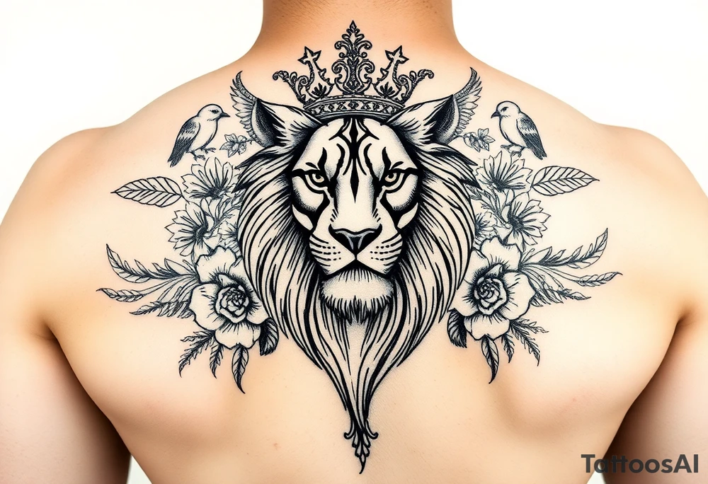 powerful majestic lion with a crown, surrounded by floral ornaments and birds tattoo idea