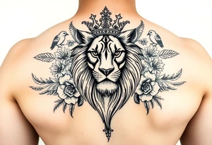 powerful majestic lion with a crown, surrounded by floral ornaments and birds tattoo idea