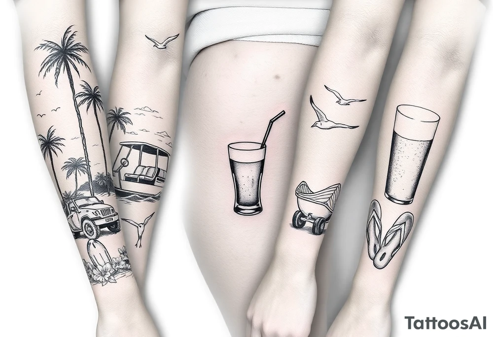 full arm sleeve with individual tattoos that include palm trees, boats, golf cart, seagulls, sea life, a beer, flips flops tattoo idea
