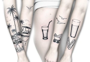 full arm sleeve with individual tattoos that include palm trees, boats, golf cart, seagulls, sea life, a beer, flips flops tattoo idea
