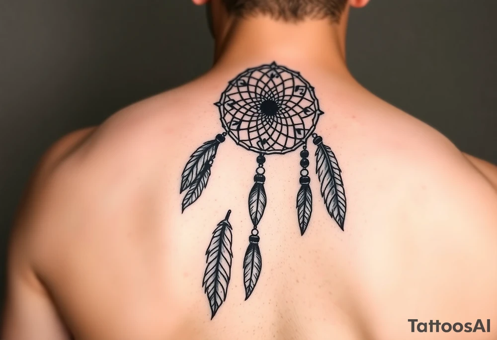 native dreamcatcher with flowing feathers and sacred beads tattoo idea