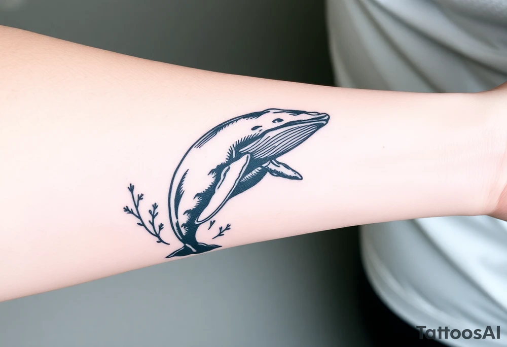 Forearm design, size = most of forearm.   Illustrative B/W with mix of heavy and light linework, detail, shading and artistic styling.   Humpback whale that is breaching.  Kelp underwater framing whale as it emerges. tattoo idea