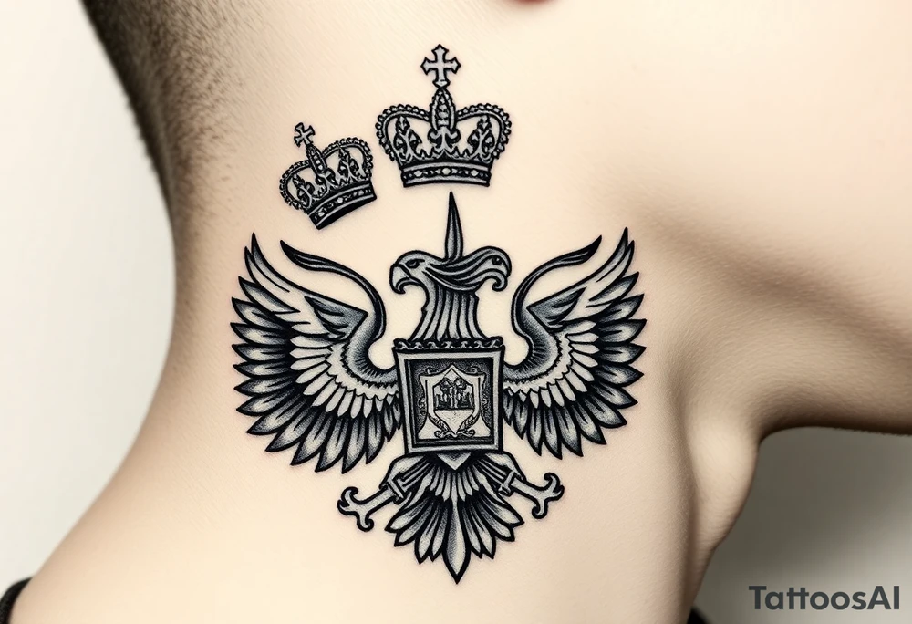 St. George, 3 russian imperial crowns above the Russian coat of arms double eagle and above sitting in its wingspan have a Russian sabre, Kremlin or St. Basil's Cathedral scene  on the side of my neck tattoo idea