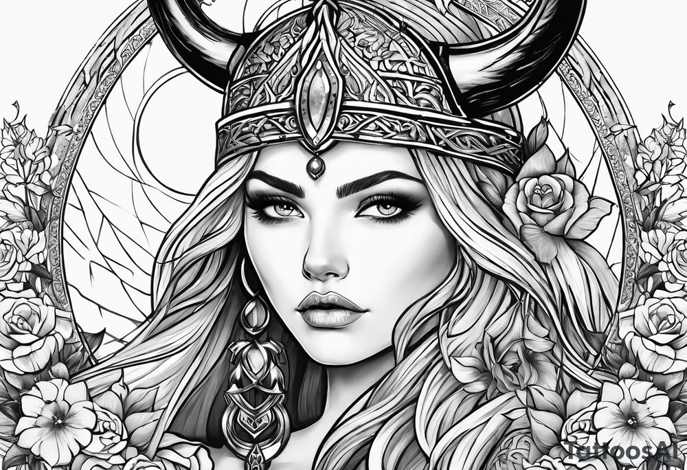 Viking, feminine warrior, bedroom eyes, headshot, princess, round emblem, moon goddess, Gaia, flowers, axe tattoo idea