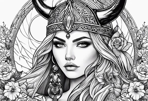 Viking, feminine warrior, bedroom eyes, headshot, princess, round emblem, moon goddess, Gaia, flowers, axe tattoo idea