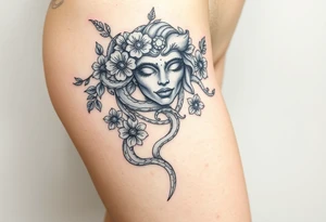 Big headed Medusa flowers snakes tattoo idea