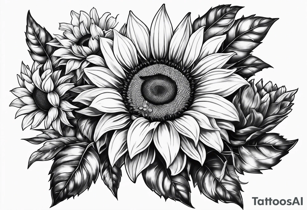 Sleeve with Roman numeral and sunflowers tattoo idea