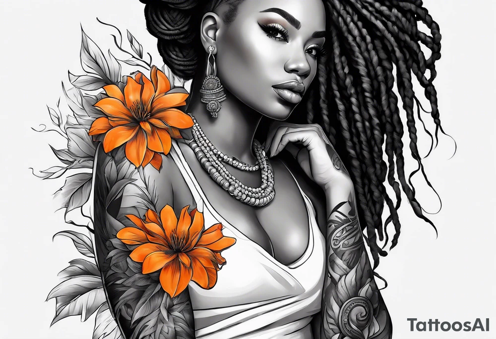 Arm ssleeve with orange flowers and black woman with locs tattoo idea