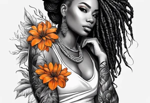 Arm ssleeve with orange flowers and black woman with locs tattoo idea