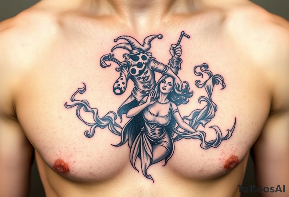 jester hovering over woman in smoke tattoo idea