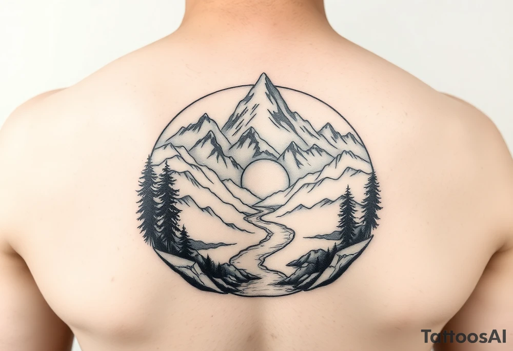 mountains, river and sunrise, let it all be inside one circle. tattoo idea