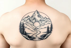mountains, river and sunrise, let it all be inside one circle. tattoo idea
