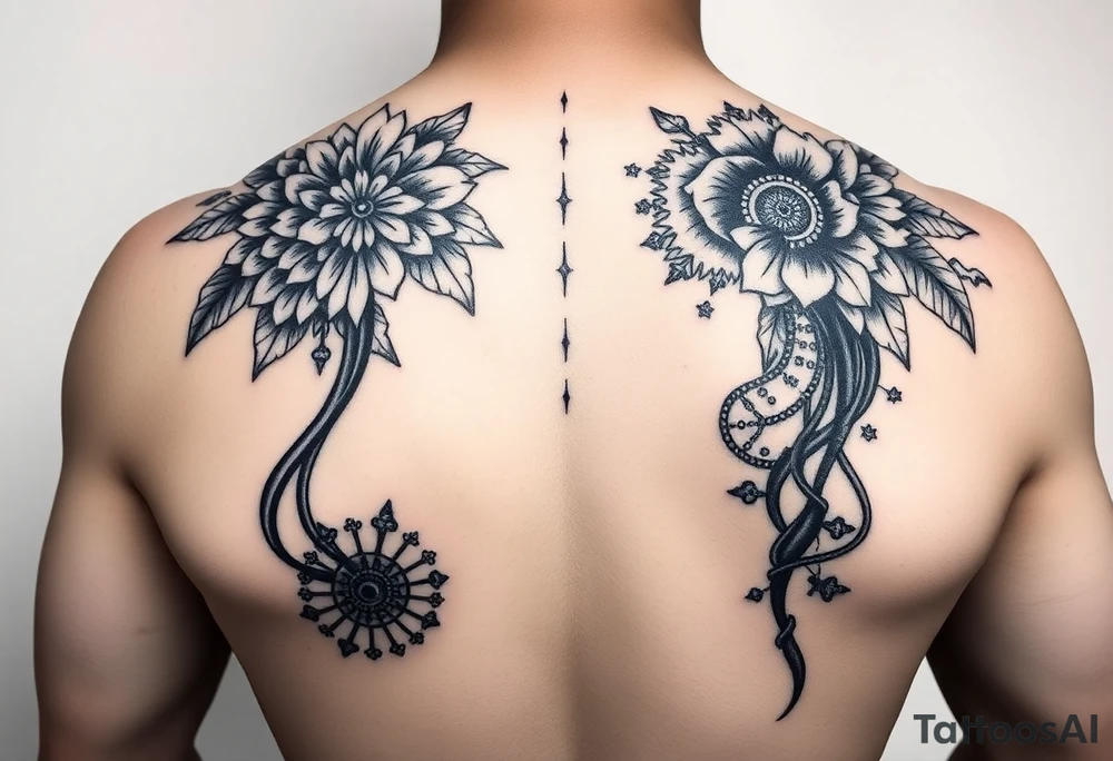 Can you help me design my next tattoo? I already have Polynesian-style tattoos covering left shoulder blade and second in the middle of back going along the spine up till my neck, and I’m looking for ideas to fill the white space between them. I haven’t been able to come up with anything that works. The white space are starts from the neck, goes between the shoulderblades and goes all the way from the sides to my lower back.

I’d like the new elements to be in a different style than Polynesian, but still visually cohesive so they complement the existing tattoos rather than clash with them. Maybe steampunk, pipes, cords cogs and so on tattoo idea