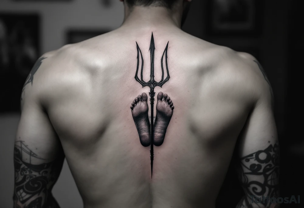 barefeet behind trident with water and sunset tattoo idea