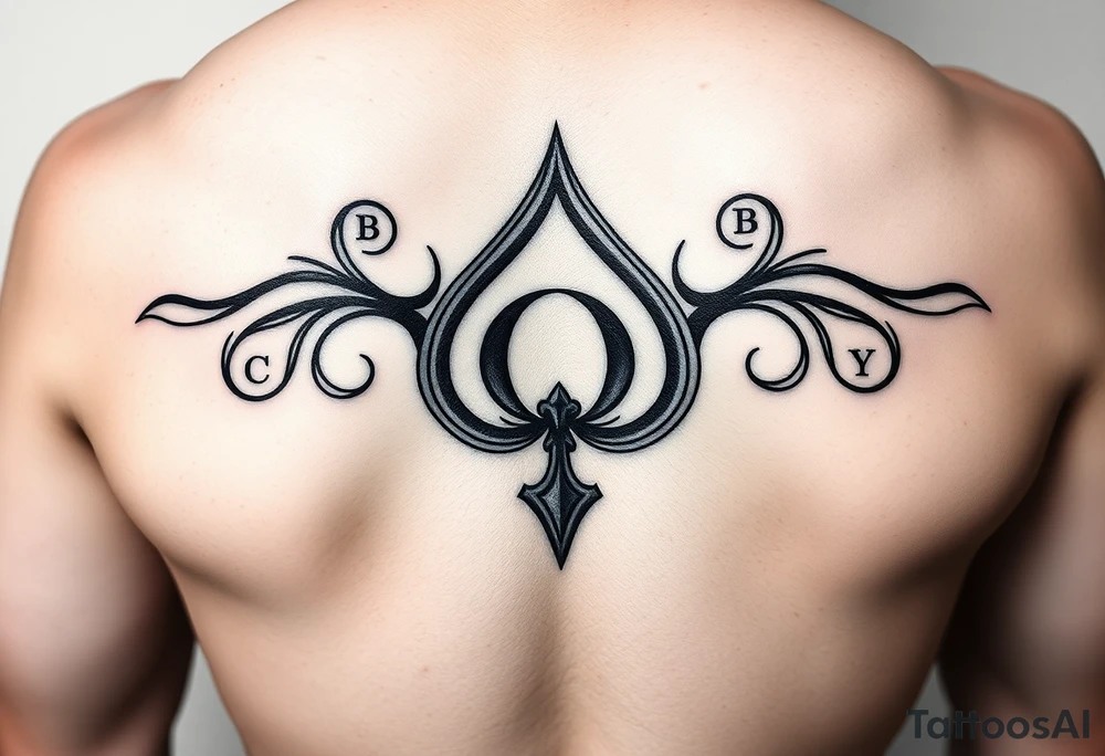 A spade womb tattoo with a Q in the center, with three points around the outside. The first reading, "BLACK". The second reading, "BABY". The third reading, "ONLY". tattoo idea