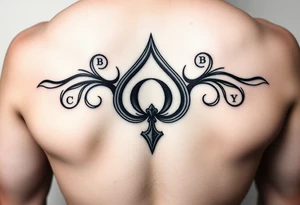 A spade womb tattoo with a Q in the center, with three points around the outside. The first reading, "BLACK". The second reading, "BABY". The third reading, "ONLY". tattoo idea