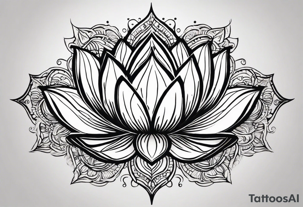 Make a tattoo of a lotus flower, stone, a science helix and a Greek delta in the shape of a lotus. the rocky area to symbolizes strength, a science helix to symbolize resiliency and a Greek delta to symbolize transformation. The tattoo should overall represent resiliency and strength and present a strong, firm foundation that displays strength in the face of trauma. Make sure to also be able to identify the rock, the helix and the delta symbol separately and not mixed together as each element is important tattoo idea