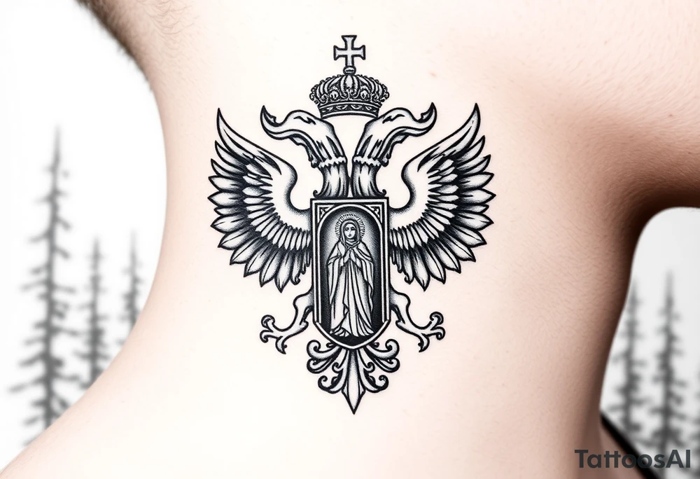 russian coat of arms double headed eagle traditional christian orthodox cross with a virgin mary stood in the entrance of a russian orthodox dome church on the side of the neck in a wilderness setting tattoo idea
