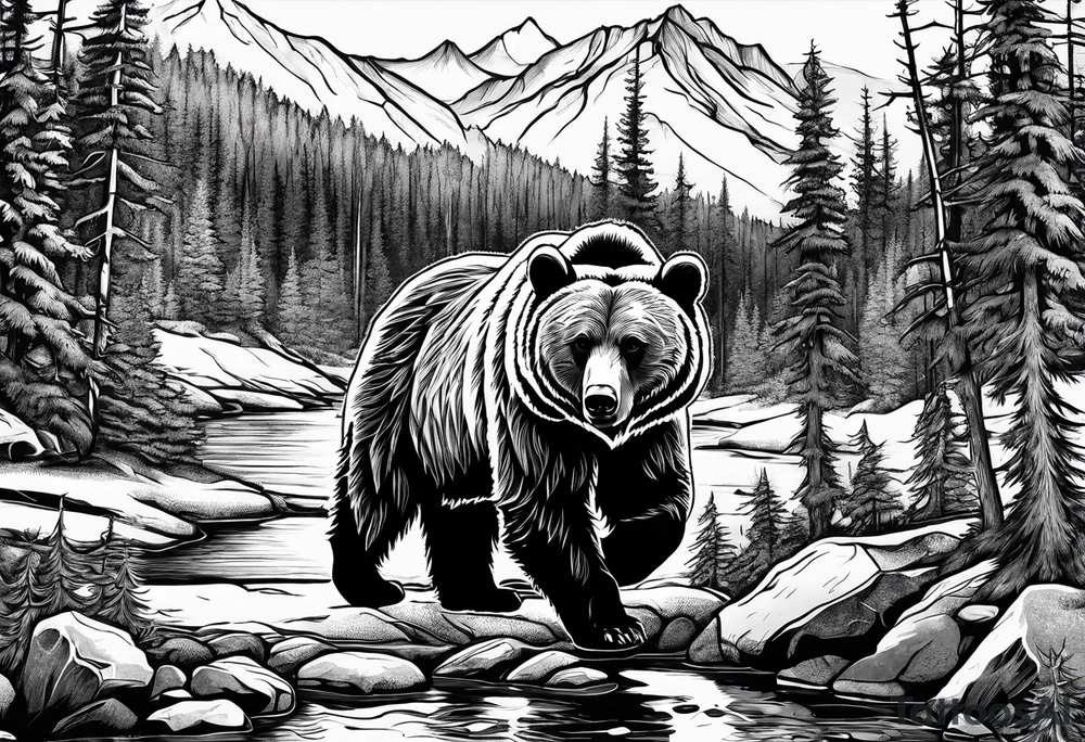 grizzly bear mountain forest tattoo idea