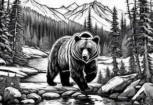 grizzly bear mountain forest tattoo idea