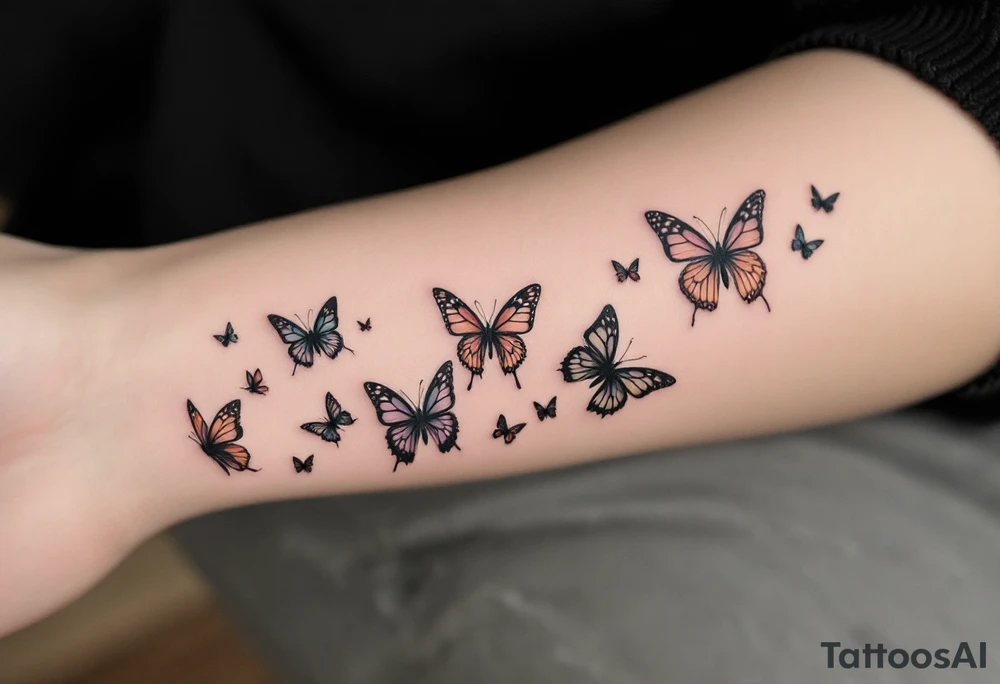 Tattoo of about 10 butterflies that look realistic and different sizes spaced out between wrist and elbow with some flower or vine tattoo idea