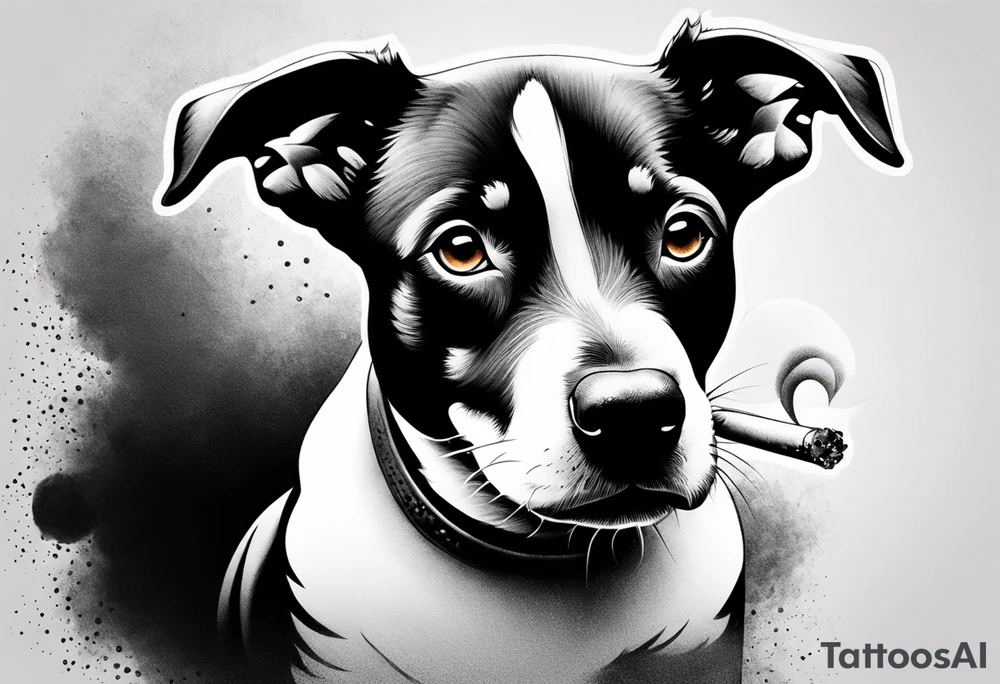 A black and white sketch of a cute dog with large, sad eyes, sitting and smoking a cigarette, with smoke swirling around its head tattoo idea