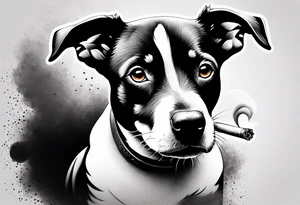 A black and white sketch of a cute dog with large, sad eyes, sitting and smoking a cigarette, with smoke swirling around its head tattoo idea