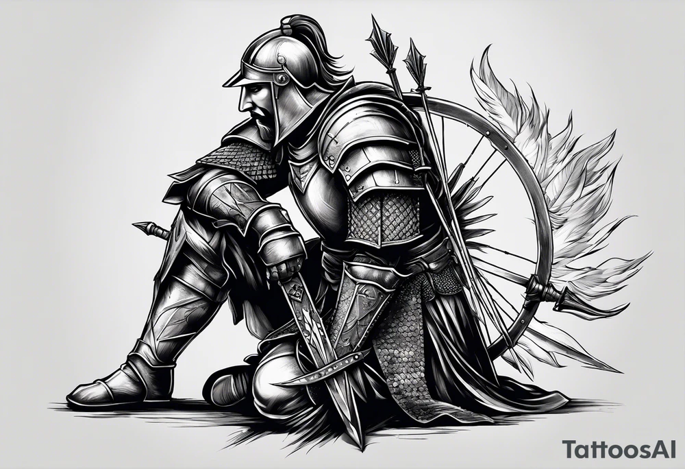 Side profile of a wounded knight on his knees with five arrows in his back tattoo idea