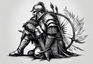 Side profile of a wounded knight on his knees with five arrows in his back tattoo idea
