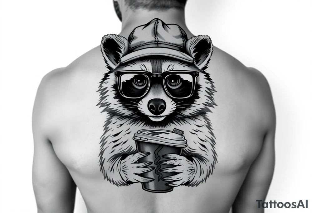 Full body Raccoon with thick square glasses,trucker hat, and iced coffee tattoo idea